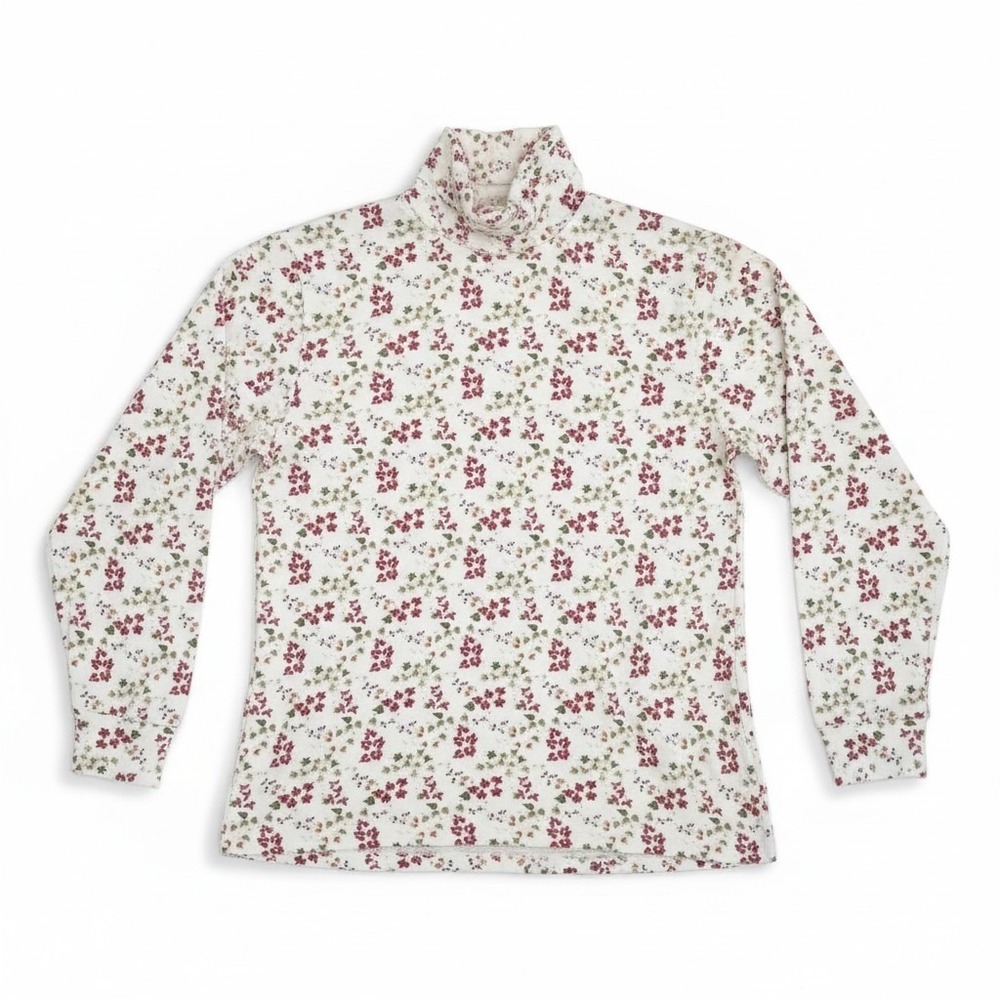 Jason Floral Turtleneck Top Cream Burgundy Ivy Print Long Sleeve Small Vintage